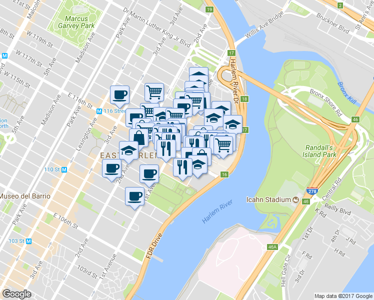 map of restaurants, bars, coffee shops, grocery stores, and more near in New York