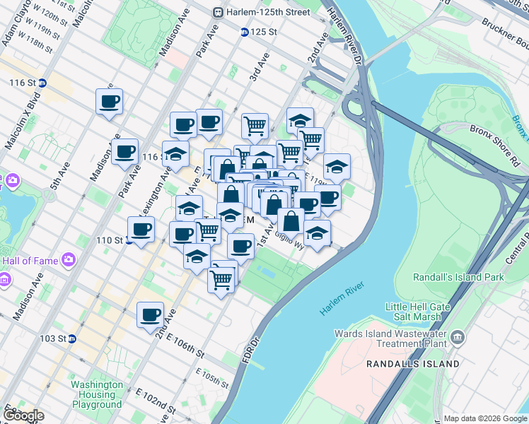 map of restaurants, bars, coffee shops, grocery stores, and more near in New York