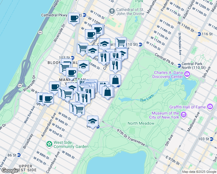 map of restaurants, bars, coffee shops, grocery stores, and more near 22 Manhattan Avenue in New York