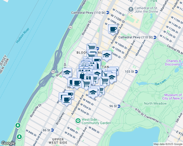 map of restaurants, bars, coffee shops, grocery stores, and more near 780 Amsterdam Avenue in New York