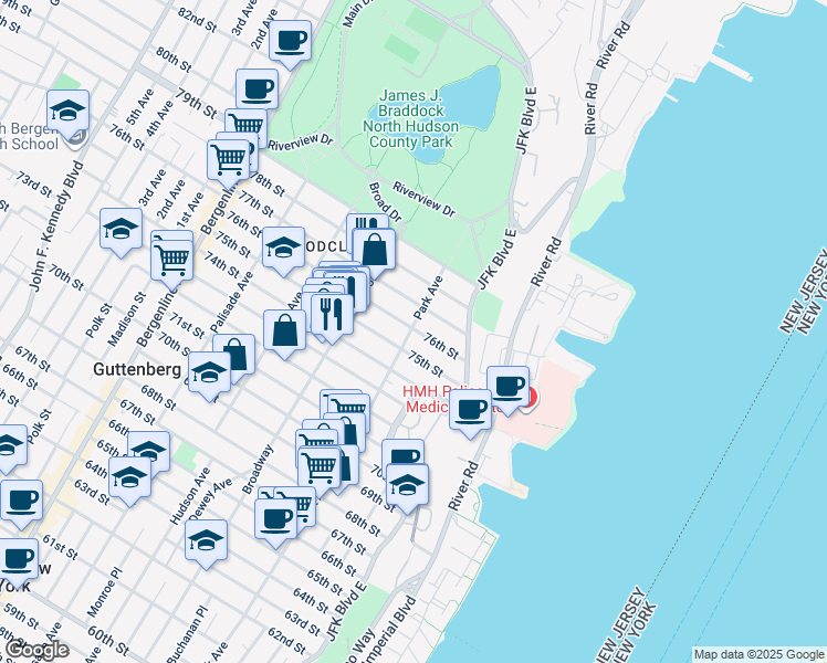 map of restaurants, bars, coffee shops, grocery stores, and more near 31 75th Street in North Bergen