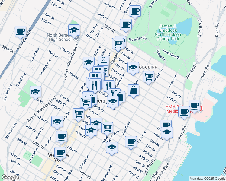 map of restaurants, bars, coffee shops, grocery stores, and more near 7012 Palisade Avenue in Guttenberg