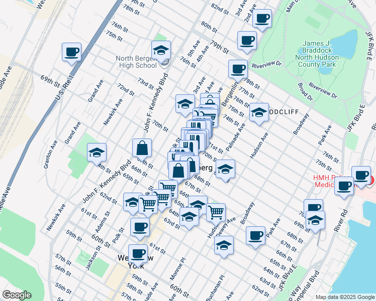 map of restaurants, bars, coffee shops, grocery stores, and more near in Guttenberg