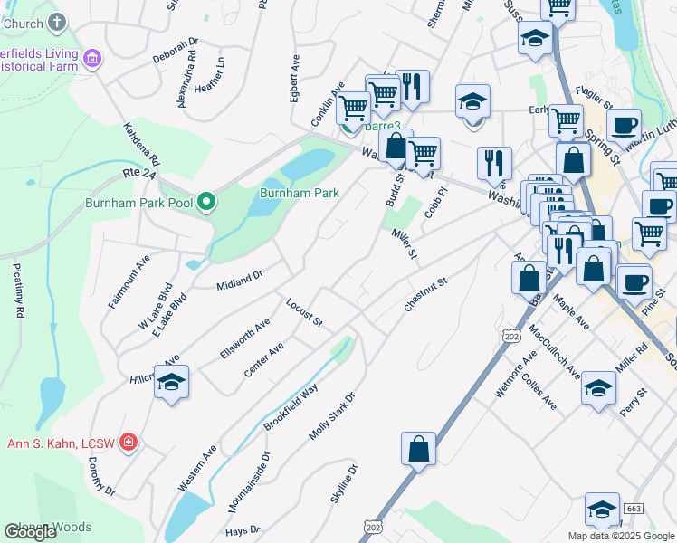 map of restaurants, bars, coffee shops, grocery stores, and more near 20 Fairview Place in Morristown