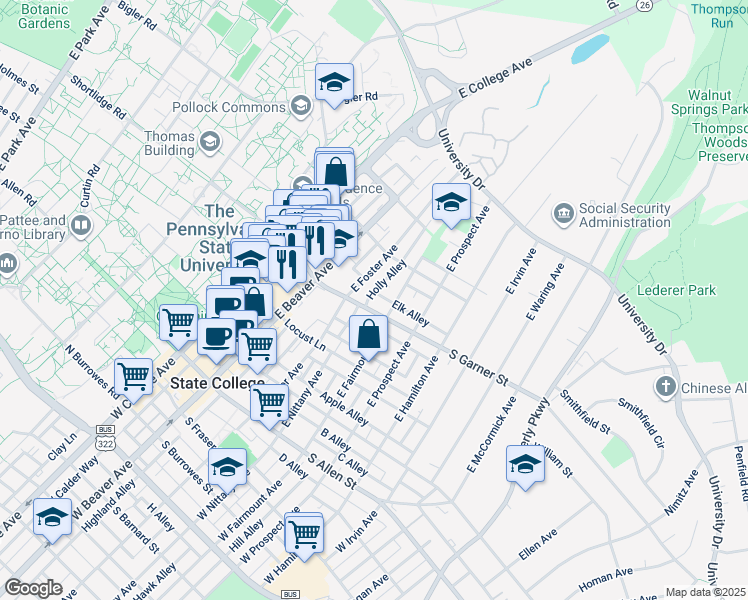 map of restaurants, bars, coffee shops, grocery stores, and more near 351 East Fairmount Avenue in State College