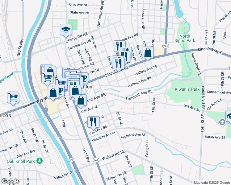 map of restaurants, bars, coffee shops, grocery stores, and more near 226 3rd Street Southeast in Massillon