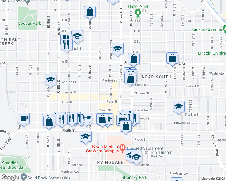 map of restaurants, bars, coffee shops, grocery stores, and more near 1732 South 15th Street in Lincoln