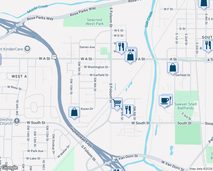 map of restaurants, bars, coffee shops, grocery stores, and more near 1801 South Folsom Street in Lincoln