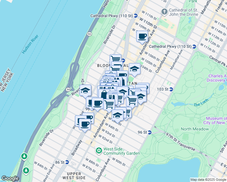 map of restaurants, bars, coffee shops, grocery stores, and more near 216 West 99th Street in New York