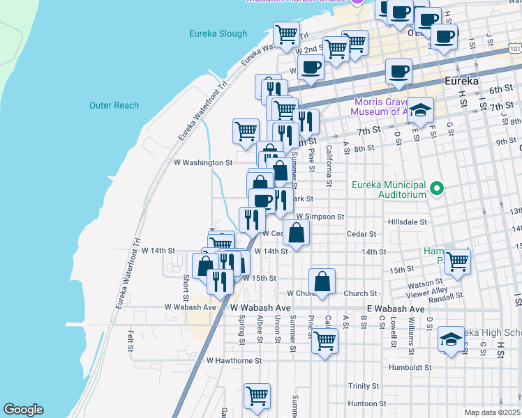 map of restaurants, bars, coffee shops, grocery stores, and more near 1122 Broadway Street in Eureka