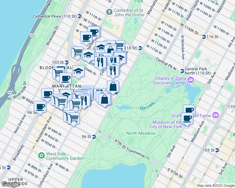 map of restaurants, bars, coffee shops, grocery stores, and more near 427 Central Park West in New York