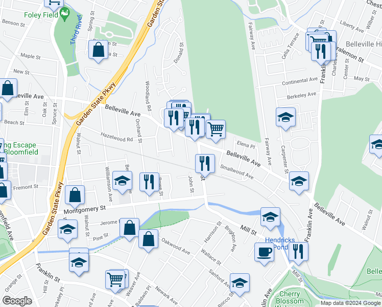 map of restaurants, bars, coffee shops, grocery stores, and more near 15 Morton Street in Essex County