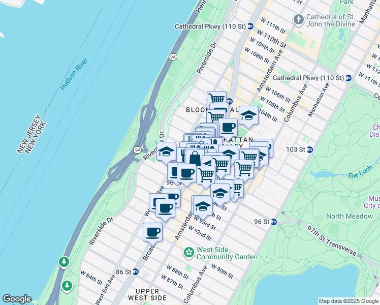 map of restaurants, bars, coffee shops, grocery stores, and more near 250 West 98th Street in New York