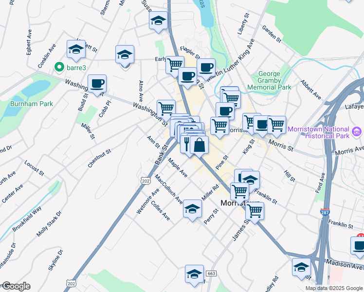 map of restaurants, bars, coffee shops, grocery stores, and more near 11 South Street in Morristown