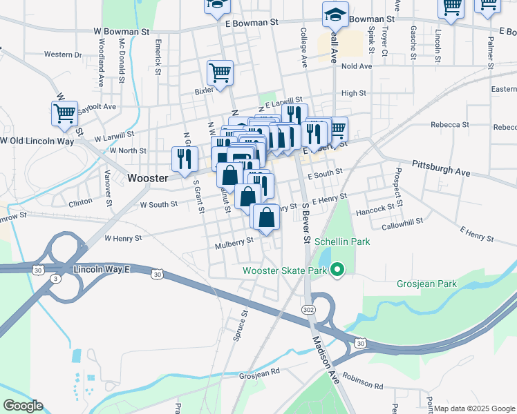 map of restaurants, bars, coffee shops, grocery stores, and more near 310 South Market Street in Wooster