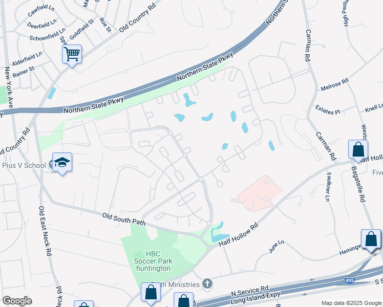 map of restaurants, bars, coffee shops, grocery stores, and more near 627 Madeira Boulevard in Melville