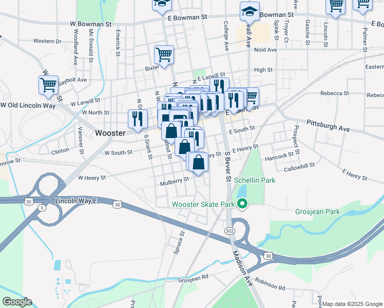 map of restaurants, bars, coffee shops, grocery stores, and more near 310 South Market Street in Wooster