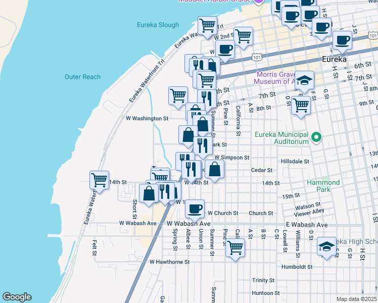 map of restaurants, bars, coffee shops, grocery stores, and more near 1122 Broadway Street in Eureka
