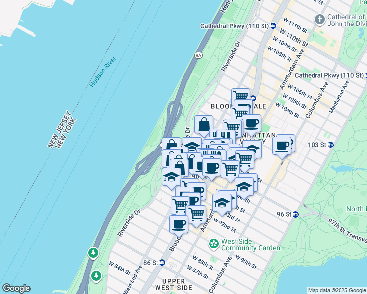 map of restaurants, bars, coffee shops, grocery stores, and more near 315 West 96th Street in New York