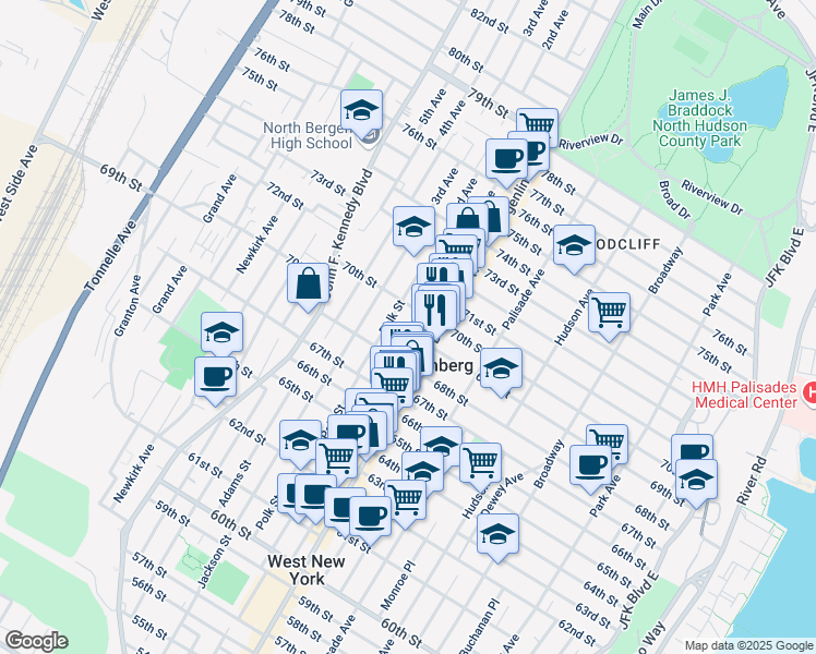 map of restaurants, bars, coffee shops, grocery stores, and more near in Guttenberg