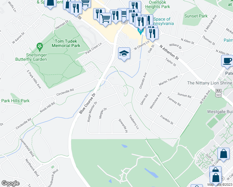 map of restaurants, bars, coffee shops, grocery stores, and more near 1300 Ridge Master Drive in State College