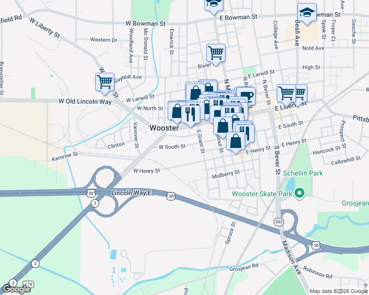 map of restaurants, bars, coffee shops, grocery stores, and more near 227 South Grant Street in Wooster