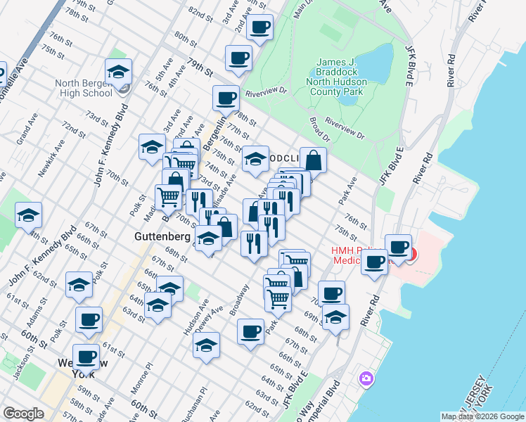 map of restaurants, bars, coffee shops, grocery stores, and more near 226 72nd Street in North Bergen