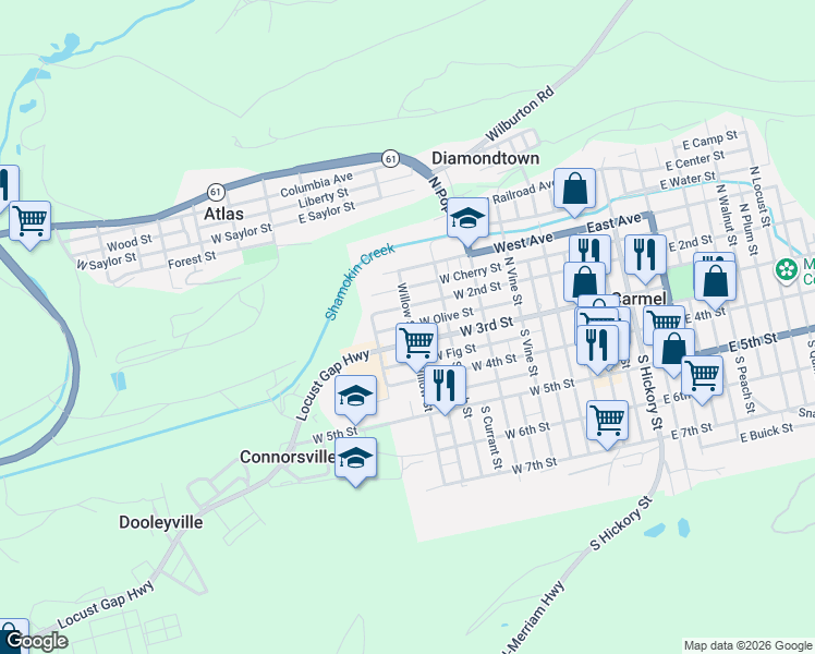 map of restaurants, bars, coffee shops, grocery stores, and more near 508 West 3rd Street in Mount Carmel
