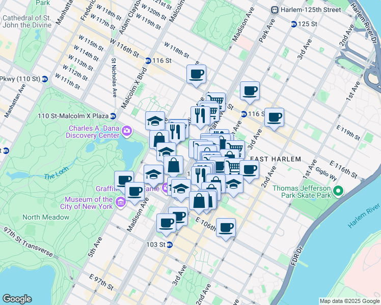 map of restaurants, bars, coffee shops, grocery stores, and more near 88 East 111th Street in New York