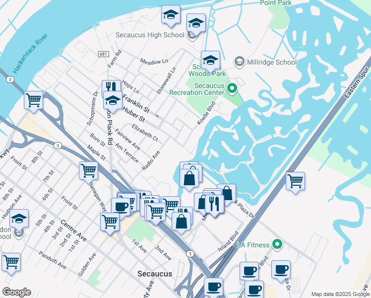 map of restaurants, bars, coffee shops, grocery stores, and more near 47 Huber Street in Secaucus