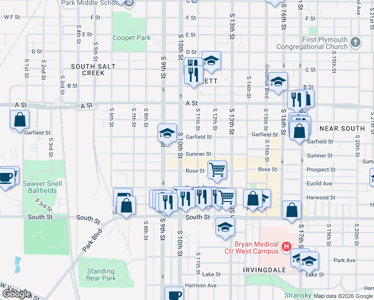 map of restaurants, bars, coffee shops, grocery stores, and more near 1011 Sumner Street in Lincoln