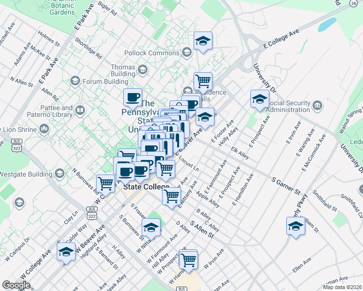 map of restaurants, bars, coffee shops, grocery stores, and more near 211 East Beaver Avenue in State College