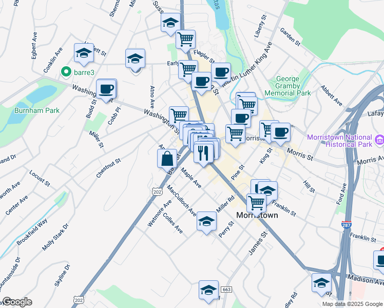 map of restaurants, bars, coffee shops, grocery stores, and more near 41 Market Street in Morristown