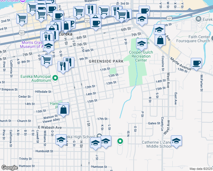 map of restaurants, bars, coffee shops, grocery stores, and more near 1330 L Street in Eureka