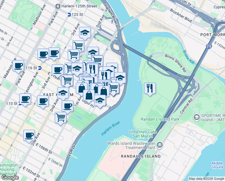 map of restaurants, bars, coffee shops, grocery stores, and more near 517 East 117th Street in New York