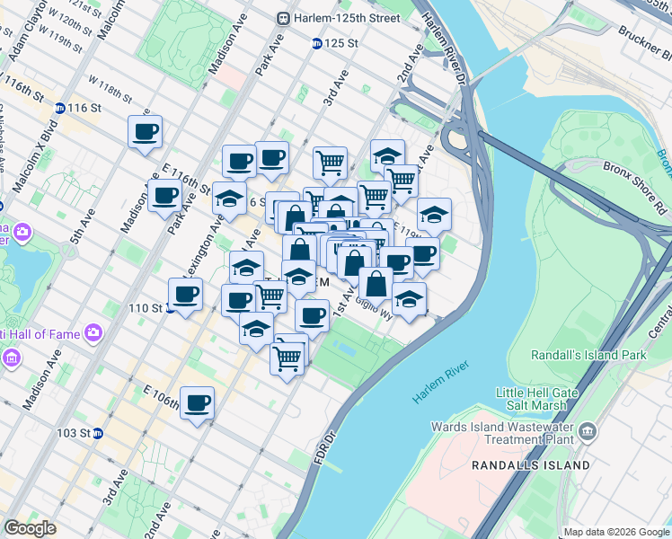 map of restaurants, bars, coffee shops, grocery stores, and more near 399-301 East 115th Street in New York