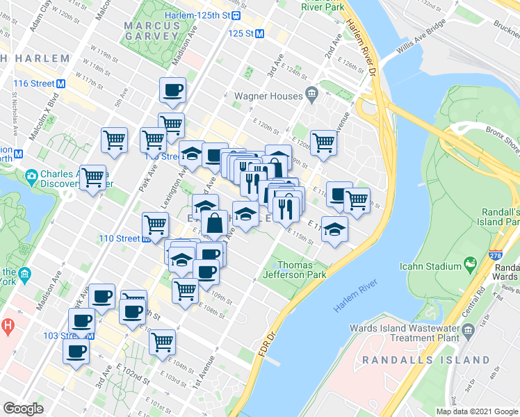 map of restaurants, bars, coffee shops, grocery stores, and more near 2178 2nd Avenue in New York