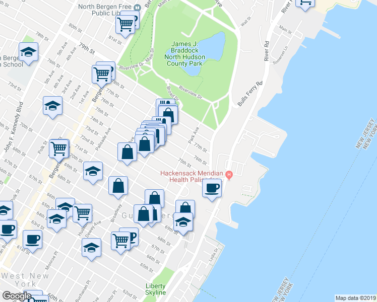 map of restaurants, bars, coffee shops, grocery stores, and more near 31 75th Street in North Bergen