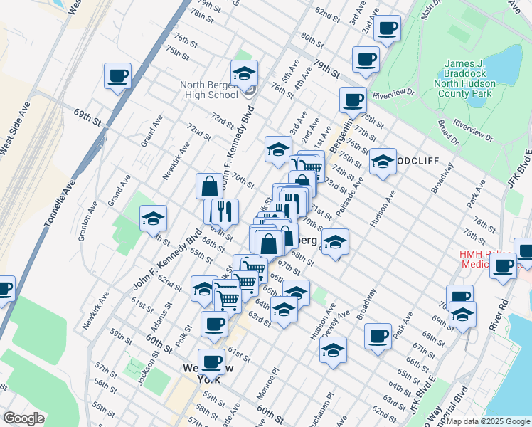 map of restaurants, bars, coffee shops, grocery stores, and more near 528 68th Street in Guttenberg