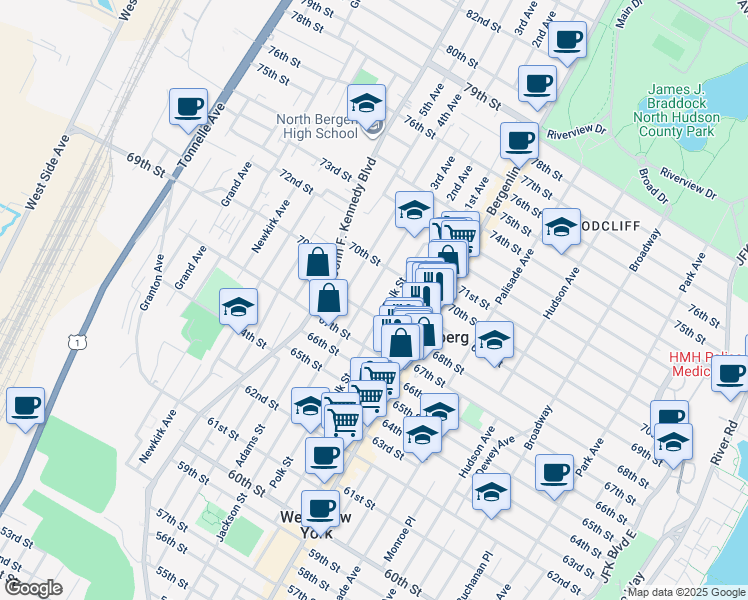 map of restaurants, bars, coffee shops, grocery stores, and more near 528 68th Street in Guttenberg
