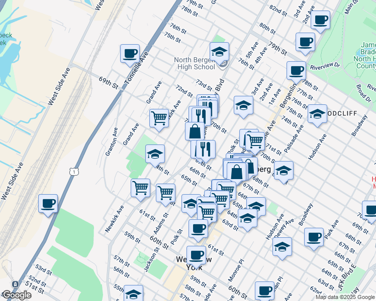 map of restaurants, bars, coffee shops, grocery stores, and more near 683 67th Street in West New York