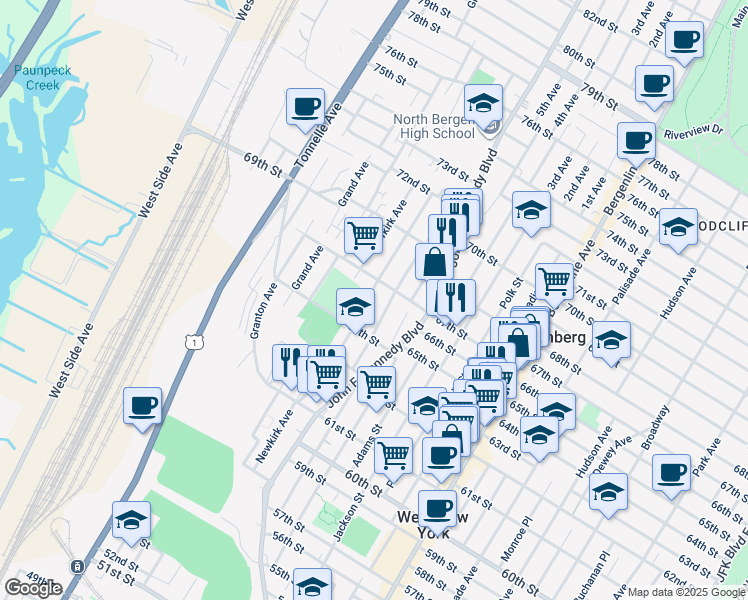 map of restaurants, bars, coffee shops, grocery stores, and more near 6500 Durham Avenue in North Bergen