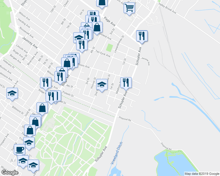 map of restaurants, bars, coffee shops, grocery stores, and more near 65 1st Street in North Arlington