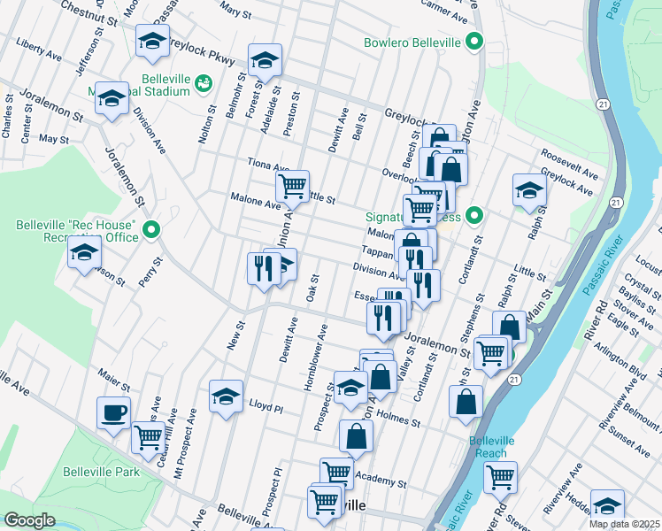 map of restaurants, bars, coffee shops, grocery stores, and more near 31 Linden Avenue in Belleville