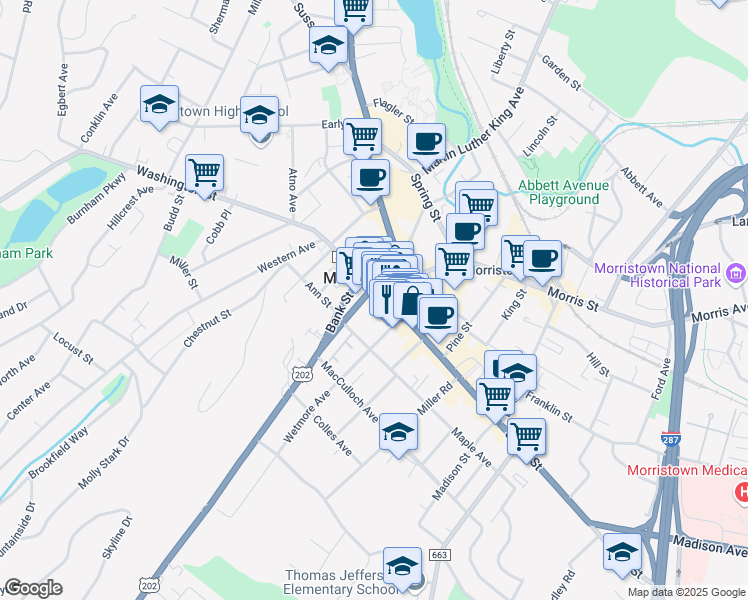 map of restaurants, bars, coffee shops, grocery stores, and more near 11 South Street in Morristown