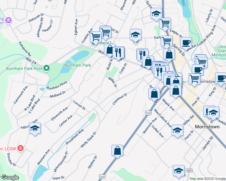 map of restaurants, bars, coffee shops, grocery stores, and more near 88 Western Avenue in Morristown