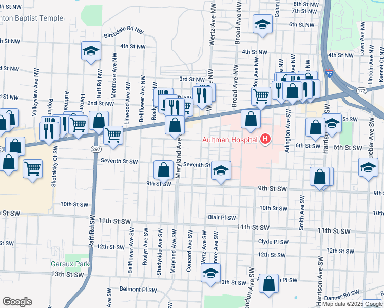 map of restaurants, bars, coffee shops, grocery stores, and more near 3041 Seventh Street Southwest in Canton