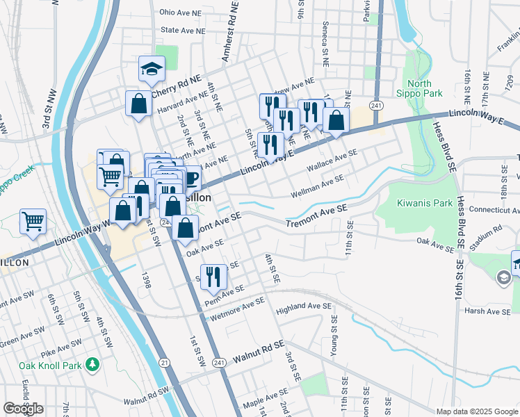 map of restaurants, bars, coffee shops, grocery stores, and more near 226 3rd Street Southeast in Massillon