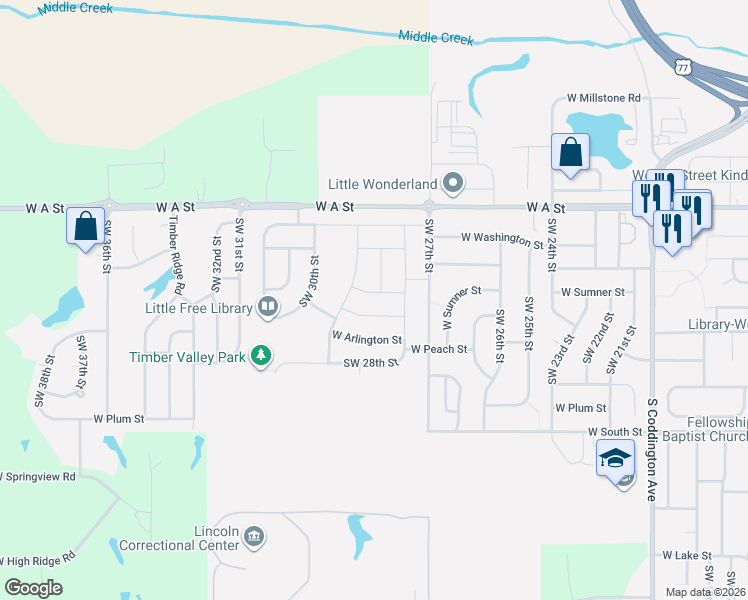 map of restaurants, bars, coffee shops, grocery stores, and more near 2901 West Rose Street in Lincoln