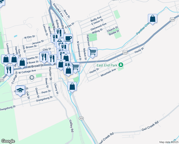 map of restaurants, bars, coffee shops, grocery stores, and more near 319 Hazle Street in Tamaqua